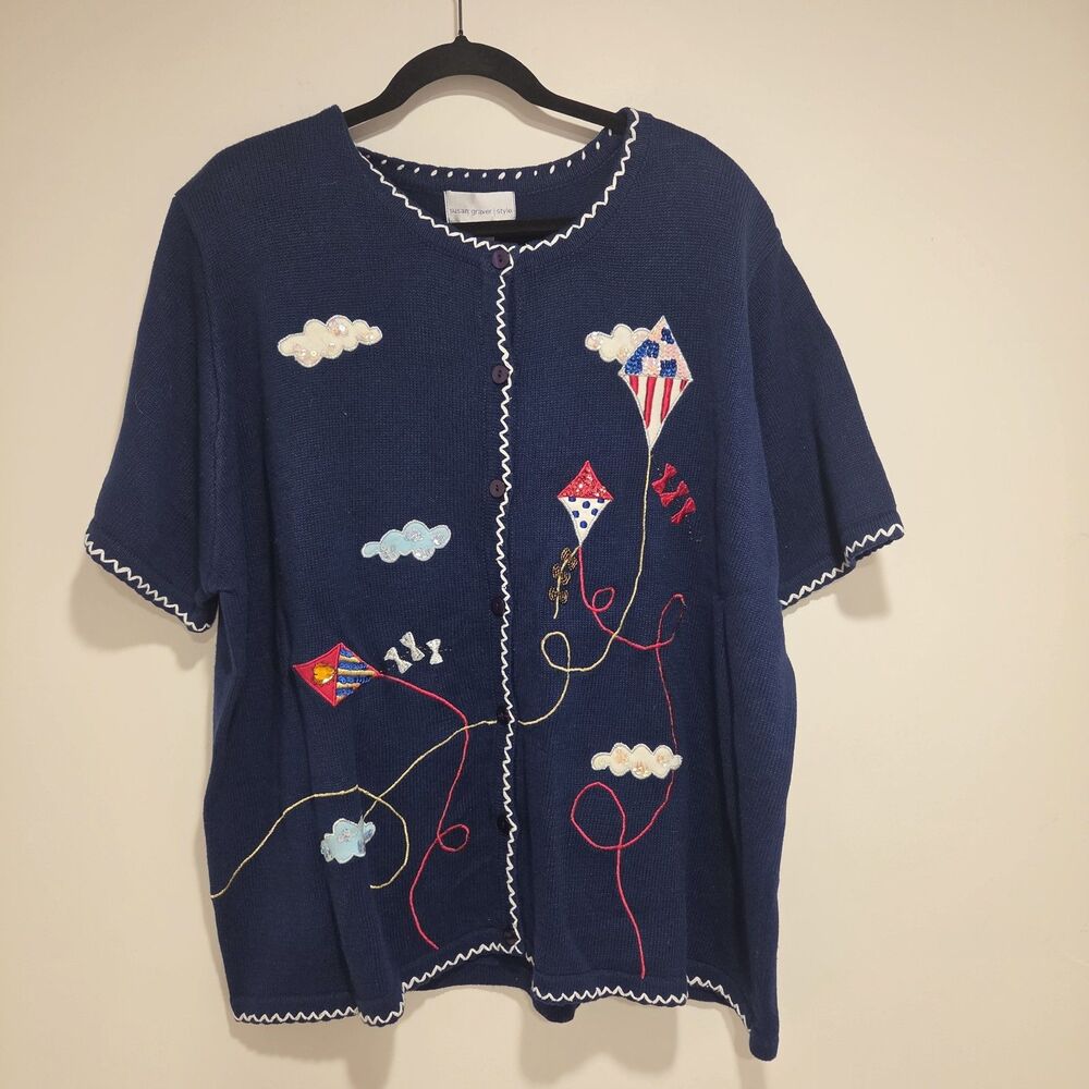 Vintage Patriotic Kite Cardigan Sweater 2X Women Embroidered Spring Deadstock 90